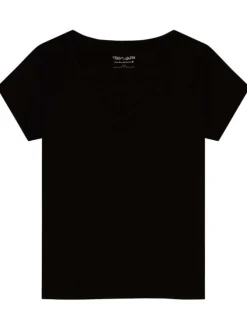 T-shirt noir uni avec une coupe droite un col v et à manches courtes