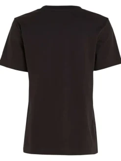 T-shirt noir uni col v, avec logo brodé sur la poitrine et manches courtes