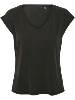 T-shirt noir uni à coupe ajustée avec col v et à manches courtes