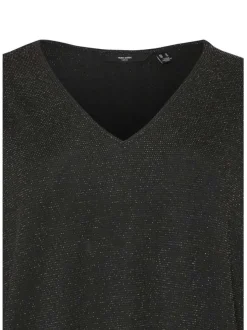 T-shirt noir uni à coupe droite, col v et à manches trois quarts en lurex