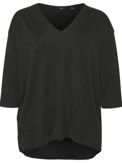 T-shirt noir uni à coupe droite, col v et à manches trois quarts en lurex