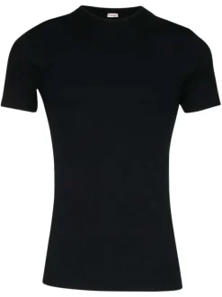 T-shirt noir uni en coton avec un col rond et coupe près du corps