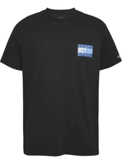 T-shirt noir uni en coton avec un drapeau sur la manche et nom de la marque