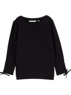 T-shirt noir uni en maille texturée avec un col rond et des manches longues