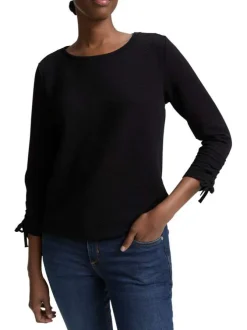 T-shirt noir uni en maille texturée avec un col rond et des manches longues