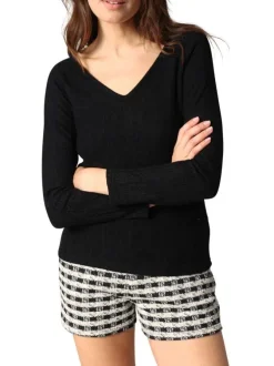 T-shirt noir uni en maille tricotée avec un col v et des manches longues