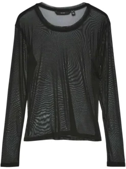 T-shirt noir uni en tulle fin avec un col rond et des manches longues