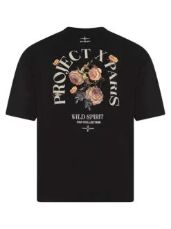 T-shirt noir uni imprimé avec un col rond et à manches courtes
