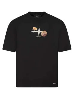 T-shirt noir uni imprimé avec un col rond et à manches courtes