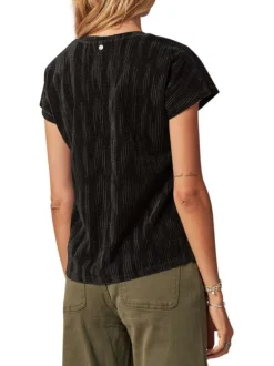 T-shirt noir uni à une coupe droite, col v et manches courtes à texture velours