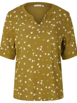 T-shirt olive fantaisie coupe régular avec un col tunisien et des coutures à la taille