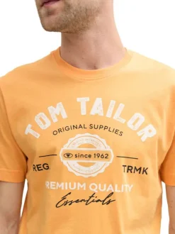 T-shirt orange en coton avec logo blanc imprimé à col rond et manches courtes