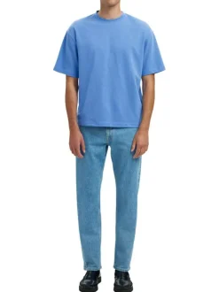 T-shirt Oscar bleu uni à coupe loose avec col rond et manches courtes