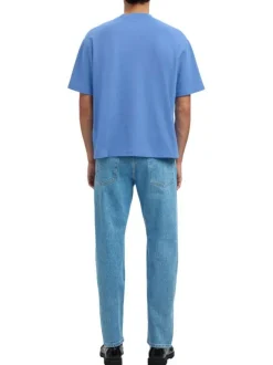 T-shirt Oscar bleu uni à coupe loose avec col rond et manches courtes