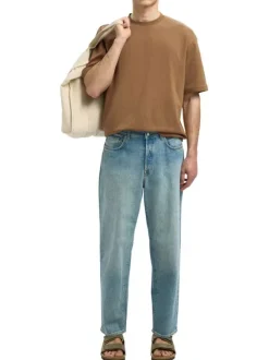 T-shirt Oscar camel uni à coupe loose avec col rond et manches courtes