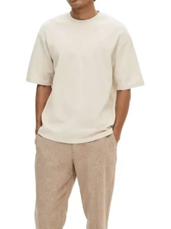 T-shirt Oscar écru uni à coupe droite, col rond et à manches courtes épais