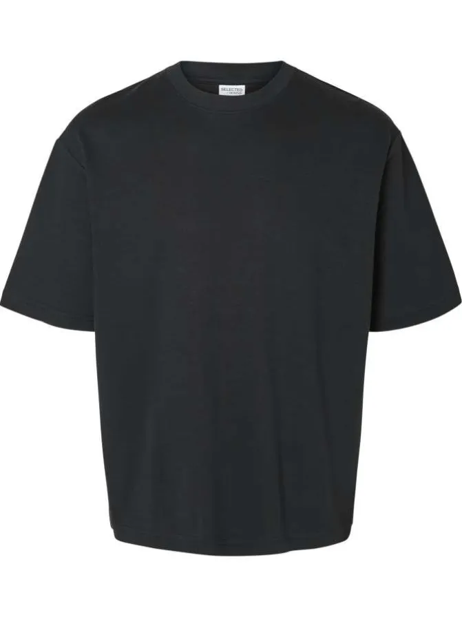 T-shirt Oscar noir uni à coupe loose avec col rond et manches courtes