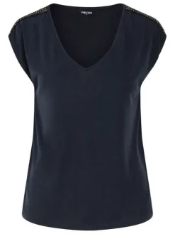 T-shirt Pchamala noir uni coupe ajustée à col v et à détails dorés
