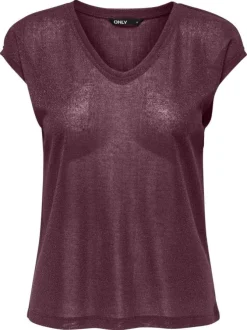 T-shirt prune uni avec une coupe droite à col v et des manches courtes