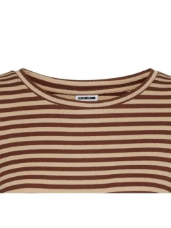 T-shirt rayé marron et camel à coupe ajustée, col rond et manches longues
