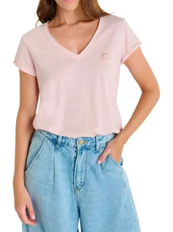 T-shirt rose à coupe droite pourvu d'un col v et de manches courtes
