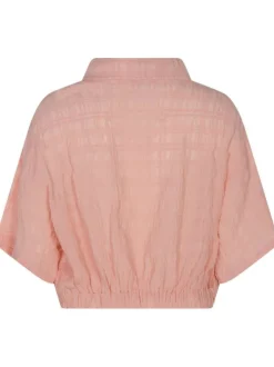 T-shirt rose pâle en maille gaufrée coupe cropped col italien à manches courtes
