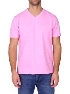 T-shirt rose uni avec une coupe droite et des manches courtes