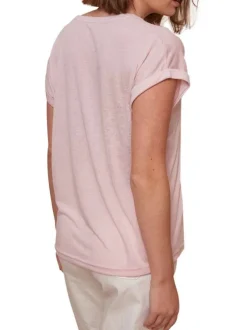 T-shirt rose uni à coupe droite avec un col v et des manches courtes