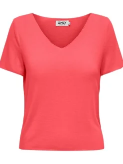 T-shirt rose uni coupe droite avec un col v et manches courtes