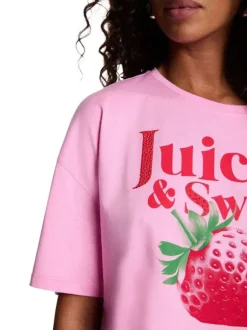 T-shirt rose uni pourvu d'un imprimé fraise et d'un col rond