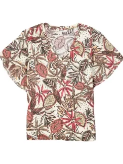 T-shirt rouge fleuri coupe droite avec un col v et manches diagonales