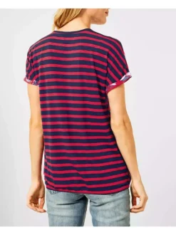 T-shirt rouge mélange d'imprimés à coupe droite col v et à manches courtes