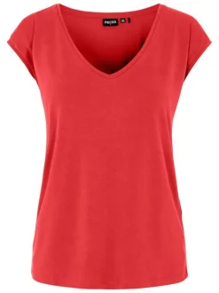 T-shirt rouge uni avec un col v une coupe droite et des manches très courtes