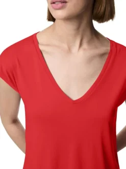 T-shirt rouge uni avec un col v une coupe droite et des manches très courtes