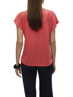 T-shirt rouge uni à coupe droite, col v et à manches courtes avec dentelle