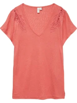 T-shirt rouge uni à coupe droite, col v et à manches courtes avec dentelle