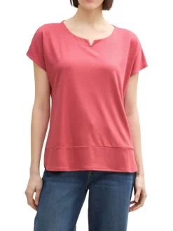 T-shirt rouge uni à coupe regular fit avec col rond fendu et manches courtes