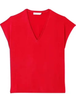 T-shirt rouge uni pourvu de manches courtes et d'un décolleté en v profond