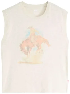 T-shirt sans manches en coton écru pourvu d'un imprimé cowboy