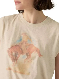 T-shirt sans manches en coton écru pourvu d'un imprimé cowboy