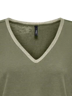 T-shirt slim manches courtes kaki uni à col v avec fibres métalliques