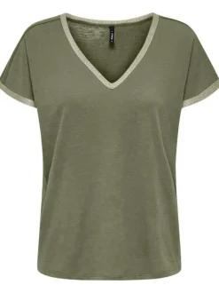T-shirt slim manches courtes kaki uni à col v avec fibres métalliques