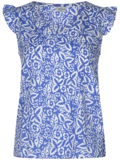 T-shirt Sophia bleu fleurie à coupe droite col v et à manches courtes