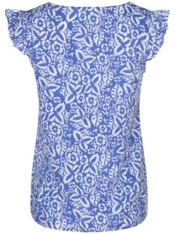 T-shirt Sophia bleu fleurie à coupe droite col v et à manches courtes