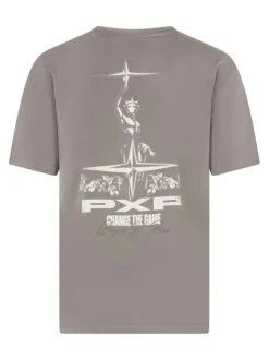 T-shirt taupe imprimé avec coupe droite à col rond et des manches courtes