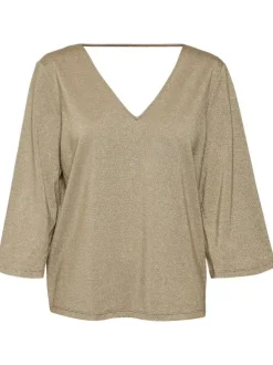 T-shirt taupe pailleté avec une coupe droite un col v et des manches 3/4