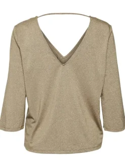 T-shirt taupe pailleté avec une coupe droite un col v et des manches 3/4