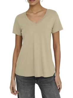 T-shirt taupe uni avec une coupe droite et des manches courtes