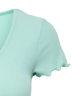 T-shirt turquoise uni col v à manches courtes et à froufrous