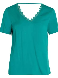 T-shirt vert avec empiècement en dentelle à coupe droite et col v